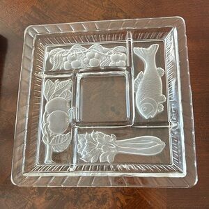 Serving Dish 5 Compartments Heavy Clear Glass Plate with Frosted Images